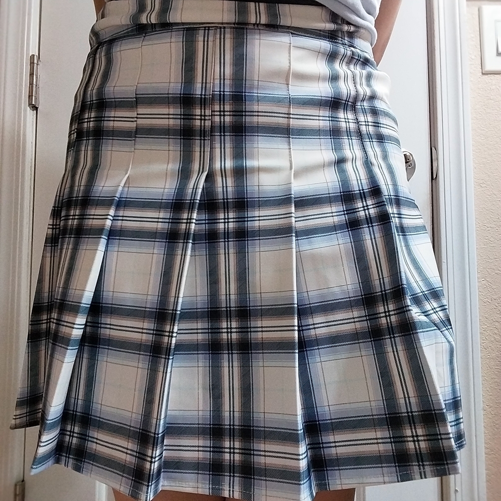Papaya Blue and White Plaid A-Line Skirt